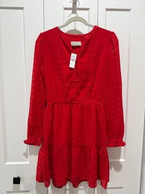 LOFT Red Tiered Long-Sleeve V-Neck Dress